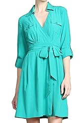 Elbow Length Sleeves Belted Wrap Polyester/Spandex  Dress With a Ribbon 