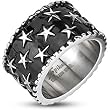 Spikes Mens Stainless Steel 13.5mm Black Enamel Star Geared Edge Band Ring