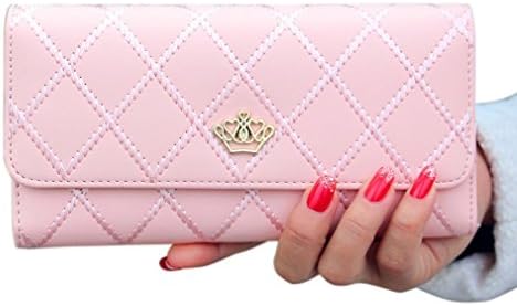 Shining Tower Lady Women Leather Long Crown Diamond Fold Wallet Pink