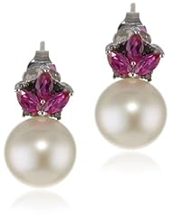 10K White Gold 8.5 - 9 mm Freshwater Cultured Pearl and Black (0.04 cttw, I2-I3 Clarity) Diamond Earrings