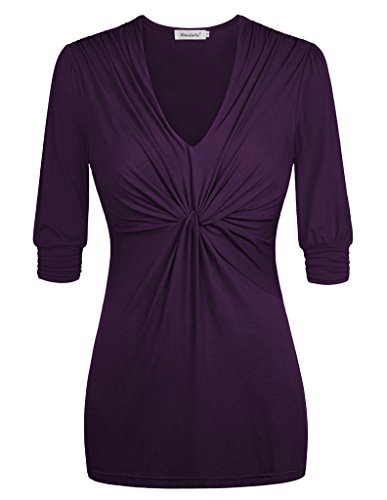 Ninedaily Women Blouse V Neck Pleated Front Half Sleeve Tunic Casual Top