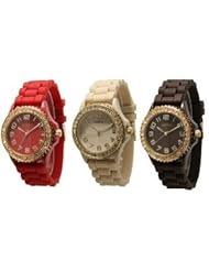 (Red, Beige, Brown) w/ Gold Tone Platinum Silicone Rubber Jelly w/ CZ Crystal Rhinestones Face Bling Bezel Watch