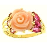 14K Yellow Gold Medium Flower Ring with Precious Gemstones and Diamonds-Multi Coral-Ruby-Pink Tourmaline-full, half sizes from 5-8.5