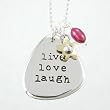 LIVE, LOVE, LAUGH Sterling Silver Pendant with Brass Flower and Pearl Gemstone Bead Accents on a 16" Bead Chain, #8929
