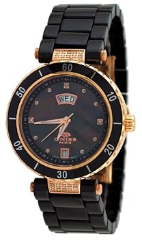 Oniss ON642-LRG1 Women's Rose Gold Trim Diamond Accented Black Ceramic Watch