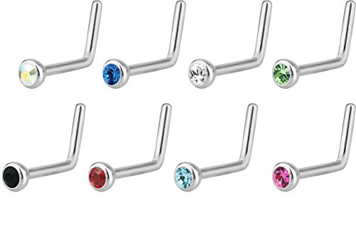 18g Surgical Steel 2 mm Cubic Zirconia Crystal L-Shaped Nose Ring *Choose Color*