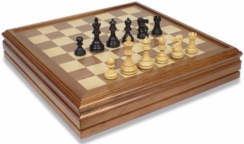 Deluxe Old Club Staunton Chess Set in Ebonized Boxwood with Walnut Chess &amp; Backgammon Case - 3.25" King