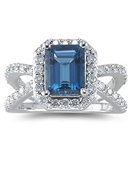 0.70 Cts Diamond & 2.01 Cts London Blue Topaz Ring in 14K White Gold