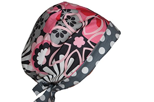 Scrub Hat Surgical Scrub Cap Chemo Chef Hat Pixie Pink Grey Flower Dots