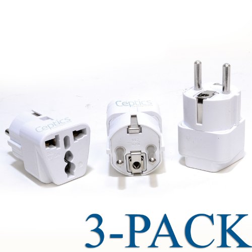 Ceptics Grounded Universal Plug Adapter for Europe, Germany, France (Schuko) (Type E/F) - 3 Pack