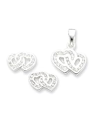 Sterling Silver Double Heart Cz Pendant & Earring Set