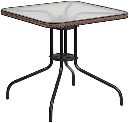 28-inch Square Tempered Glass Metal Table with Rattan Edging