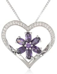 Sterling Silver Colored and Cubic Zirconia Heart Pendant Necklace, 18"