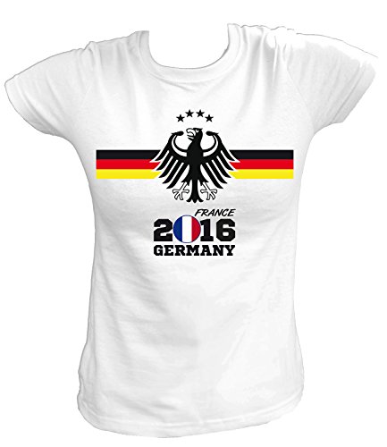Artdiktat Damen Deutschland Fan T-Shirt – EM 2016 Frankreich – Trikot Ersatz – inkl. Wunschname und Nummer XS – 5XL Größe S, weiß