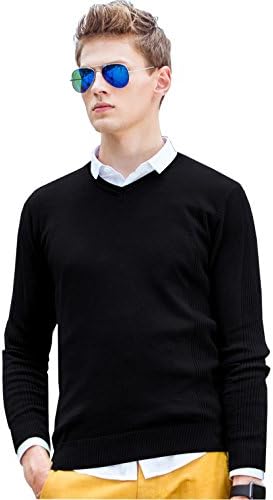 Pste Men's Classic V Neck Solid Slim Fit Basic Thin Knit Sweater Black L