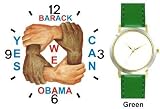 Black & White Hands and Forearms Interlocking - Yes We Can No.2 - President Barack Obama Commemorative - WATCHBUDDY&reg; DELUXE TWO-TONE THEME WATCH - Arabic Numbers - Green Leather Strap-Size-Children's Size-Small ( Boy's Size & Girl's Size )