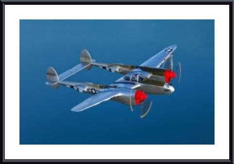 A Lockheed P-38 Lightning fighter aircraft in flight., framed black metal, white matte 20 x 16 Inches.