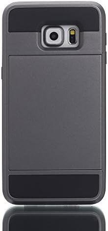 Shock Absorbing Anti-Scratch Protective Shell Cover Dual-layer Armor Tough Defender Wallet Case with Sliding Card Tray for Samsung Galaxy S6 edge Plus egde+ G9280 with Free Stylus (Dark Grey + Black)