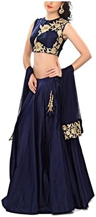 Kenil Fabrics Women's Silk Collection Lehenga Choli / Heavy Embroidered Free Size Navy Blue