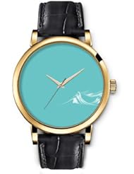SPRAWL Aanalog Fashion Series Gold Ladies Watches of Genuine Black Leather Strap,Unique Wrist Watch for Women Girls Designed with Blue background with white stripes