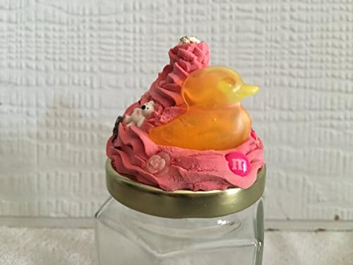 Decorated Jar With Pink Fake Icing Cupcake &amp; Yellow Ducky Jar Topper 6.5 Oz.