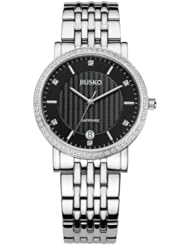 JIUSKO Luxury Stainless Steel with Diamond Bezel Black Dial Unisex Dress Watch 125M02