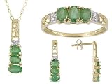 10KT 2.40CTW EMERALD AND DIAMOND ACCENT RING EARRINGS PENDANT WITH CHAIN SET