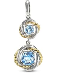 Double Cushion And Round Shape Natural Blue Topaz Pendant In Rhodium Plated And Yellow Gold Plated Rope Textured Silver