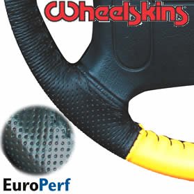 Universal Size A Wheelskins EuroPerf Perforated Color Genuine Leather Steering Wheel Covers TopColor - Black SideColor - Blue