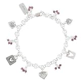 Heart Charm Bracelet in Sterling Silver with Beads of Garnet, 7" long, #8216