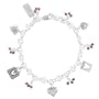Double Sided Heart Charm Bracelet with LOVE word tag in Sterling Silver with Gemstone Beads of Garnet on 7" Rolo Bracelet, #8216