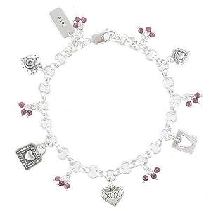 Double Sided Heart Charm Bracelet with LOVE word tag in Sterling Silver with Gemstone Beads of Garnet on 7" Rolo Bracelet, #8216