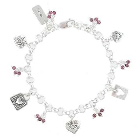 Heart Charm Bracelet in Sterling Silver with Beads of Garnet, 7 long, #8216 by Taos Trading Bracelets