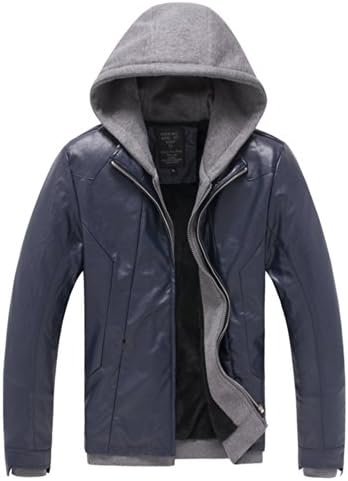Rsan Clearance Men's Illusions 2 Pieces Leather Hood Jacket (Asia XXL, Blue)