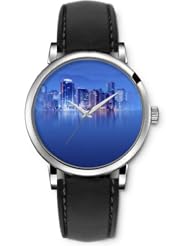 SPRAWL Aanalog Fashion Series Silver Ladies Watches of Genuine Black Leather Strap,Unique Wrist Watch for Women Girls Designed with light city