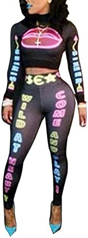Cool Women's Scrawl Print Bodycon Crop Top + Slim Fit Trouser Clubwear