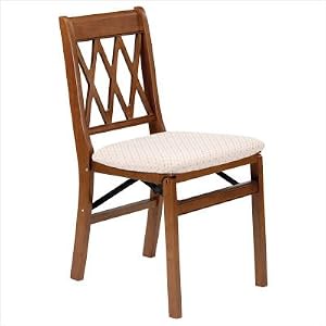 Lattice Back Wood Folding Chair with Upholstered Seat in Fruitwood (Set of 2) by