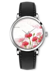 SPRAWL Aanalog Fashion Series Silver Ladies Watches of Genuine Black Leather Strap,Unique Wrist Watch for Women Girls Designed with Red carnations
