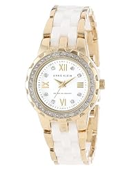 Anne Klein Womens 10/9456WTGB Swarovski Crystal Accented Gold-Tone and White Ceramic Bracelet Watch