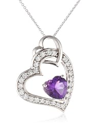 Sterling Silver Heart Shape Gemstone with Round Created White Sapphire Pendant Necklace, 18"