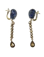 Blue Sapphire Dangle Diamond Pave Earrings 18kt Gold Wedding Jewelry