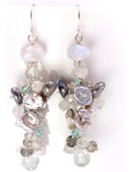 Moonstone and Silver Keishi Pearl Dangle Earrings in Sterling Silver, handmade by Scarlett Jewelry