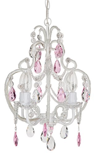 Best Buy 'Tiffany Collection' Authentic Pink and Clear Crystal Chandelier Lighting with White Frame 4 Lights, Mini Style W12