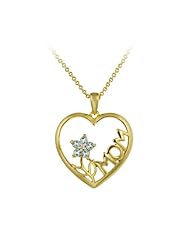 Goldtone Finish Silver, Diamond-Accent and Blue Topaz MOM with a Flower Heart Pendant Necklace, 18"