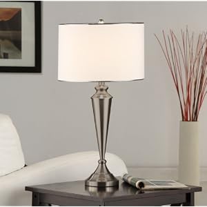 Set of 2 Brush Nickel Metal and Fabric Shade Table Lamps by