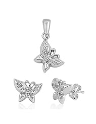 CZ Butterfly Pendant Necklace and Earring Set in Sterling Silver