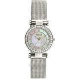 Brand New Silver Tone Ion Plated Mesh Watch With Channel Set Cubic Zirconia Stone Bezel and White Iridescent Mother of Pearl Dial