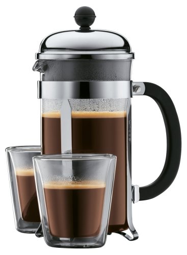 Bodum Chambord Coffee Maker, 8 Cup, 1.0 l, 17 oz, with Free Pair Canteen Double Walled Glasses, 0.2ltr, 6oz