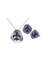 Nickel Free Sterling Silver Pendant & Earring Sets Black CZ Flour De Le On An Matte Finish Surface Necklace