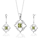 Sterling Silver 2.25 carats total weight Princess Cut Peridot Pendant Earrings and 18 inch Necklace Set